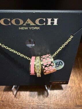 Coach Signature Enamel Rondell Necklace Gold & Pink Barrel Pendants 16"-18" NEW